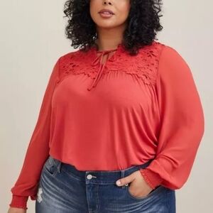 NEW Torrid Lace Coral Knit Top Long Sleeve Tie Neck Floey Modest Size 14/16 1X